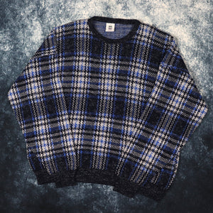 Vintage Navy, Blue & Grey Checkered Grandad Jumper | XL