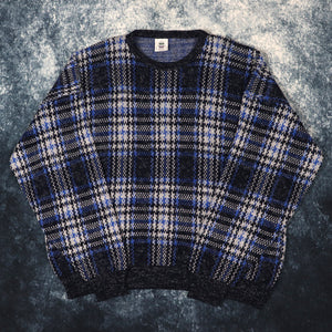 Vintage Navy, Blue & Grey Checkered Grandad Jumper | XL