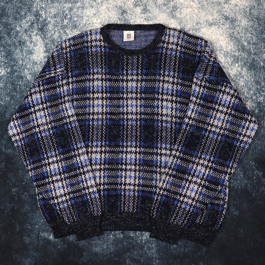 Vintage Navy, Blue & Grey Checkered Grandad Jumper | XL