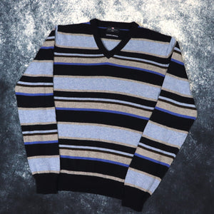 Vintage Navy, Blue & Grey Striped V Neck Jumper | Medium