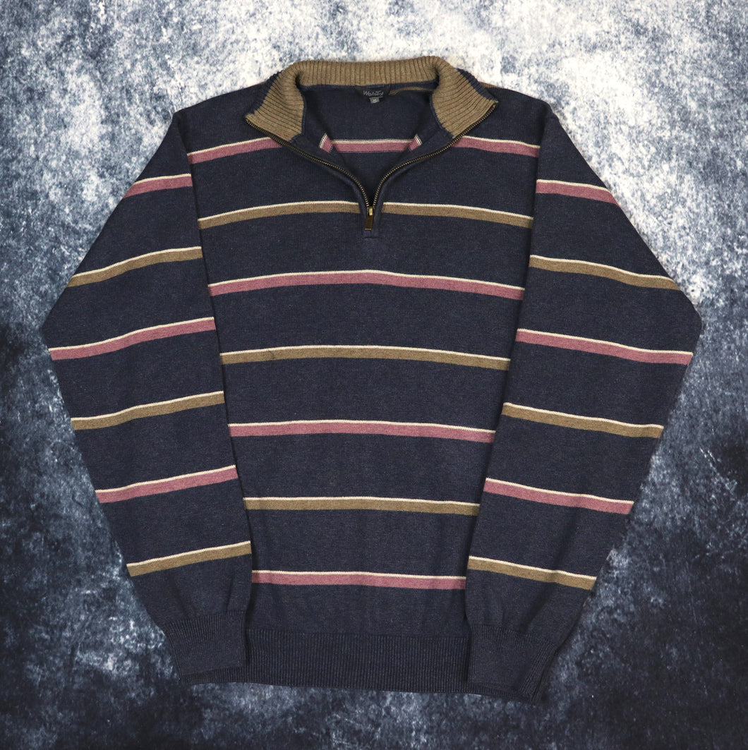 Vintage Navy, Brown & Purple Stripy 1/4 Zip Jumper | Medium