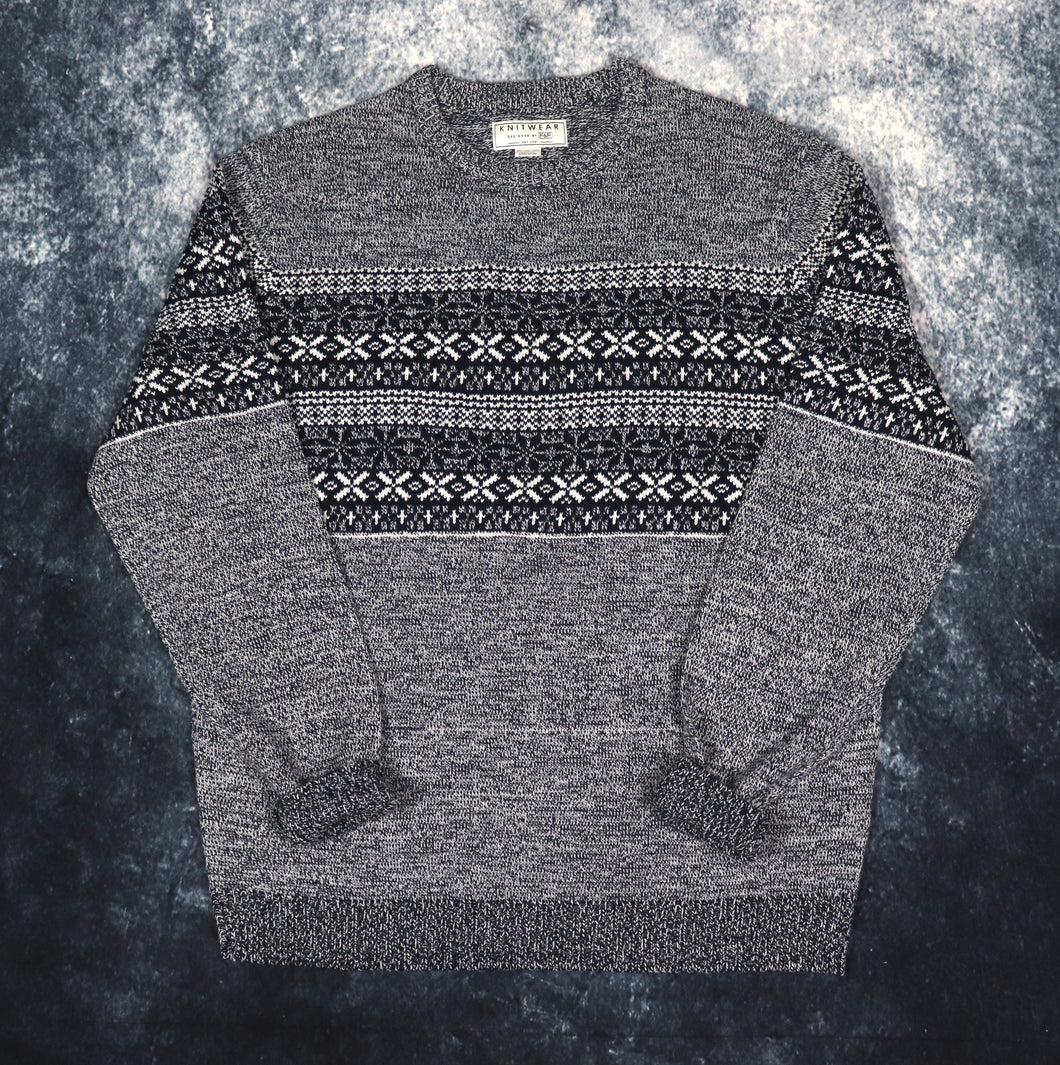 Vintage Navy & Cream Fair Isle Grandad Jumper | XL