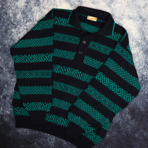 Vintage Navy & Green Striped Aztec Collared Grandad Jumper | Medium