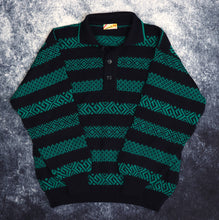 Load image into Gallery viewer, Vintage Navy &amp; Green Striped Aztec Collared Grandad Jumper | Medium
