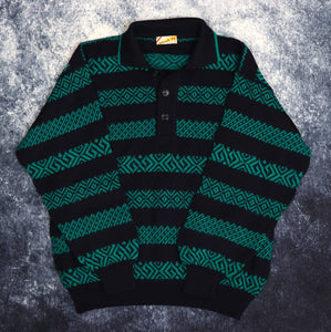 Vintage Navy & Green Striped Aztec Collared Grandad Jumper | Medium