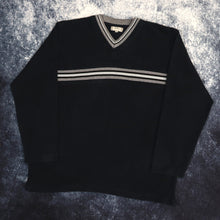 Load image into Gallery viewer, Vintage Navy &amp; Grey Striped V Neck Sweatshirt | Small
