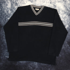 Vintage Navy & Grey Striped V Neck Sweatshirt | Small