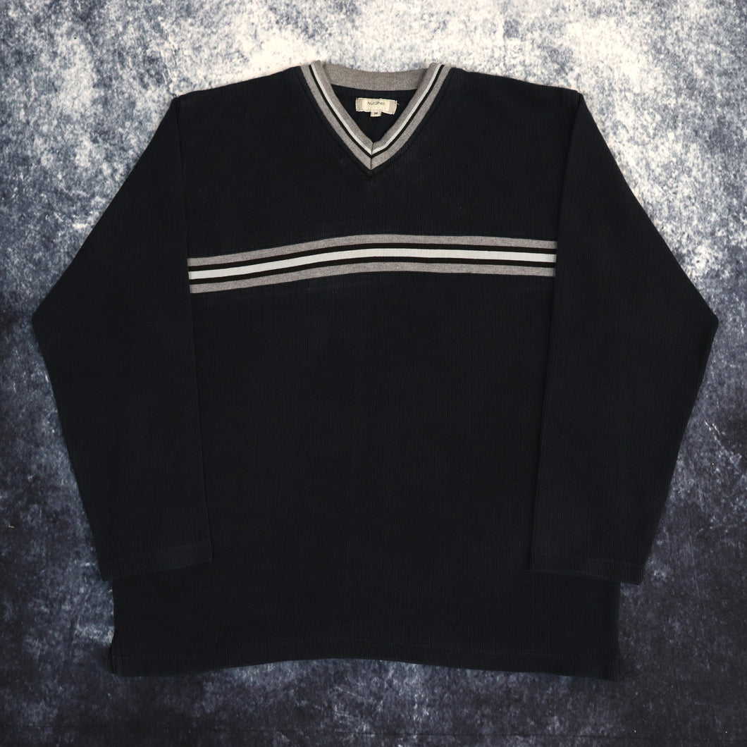 Vintage Navy & Grey Striped V Neck Sweatshirt | Small