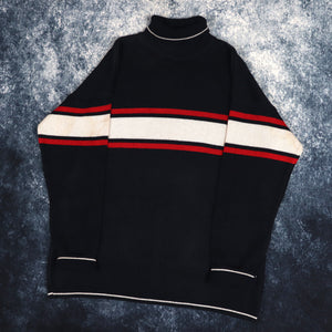 Vintage 90s Navy, Oatmeal & Red Striped Turtle Neck Jumper | Large