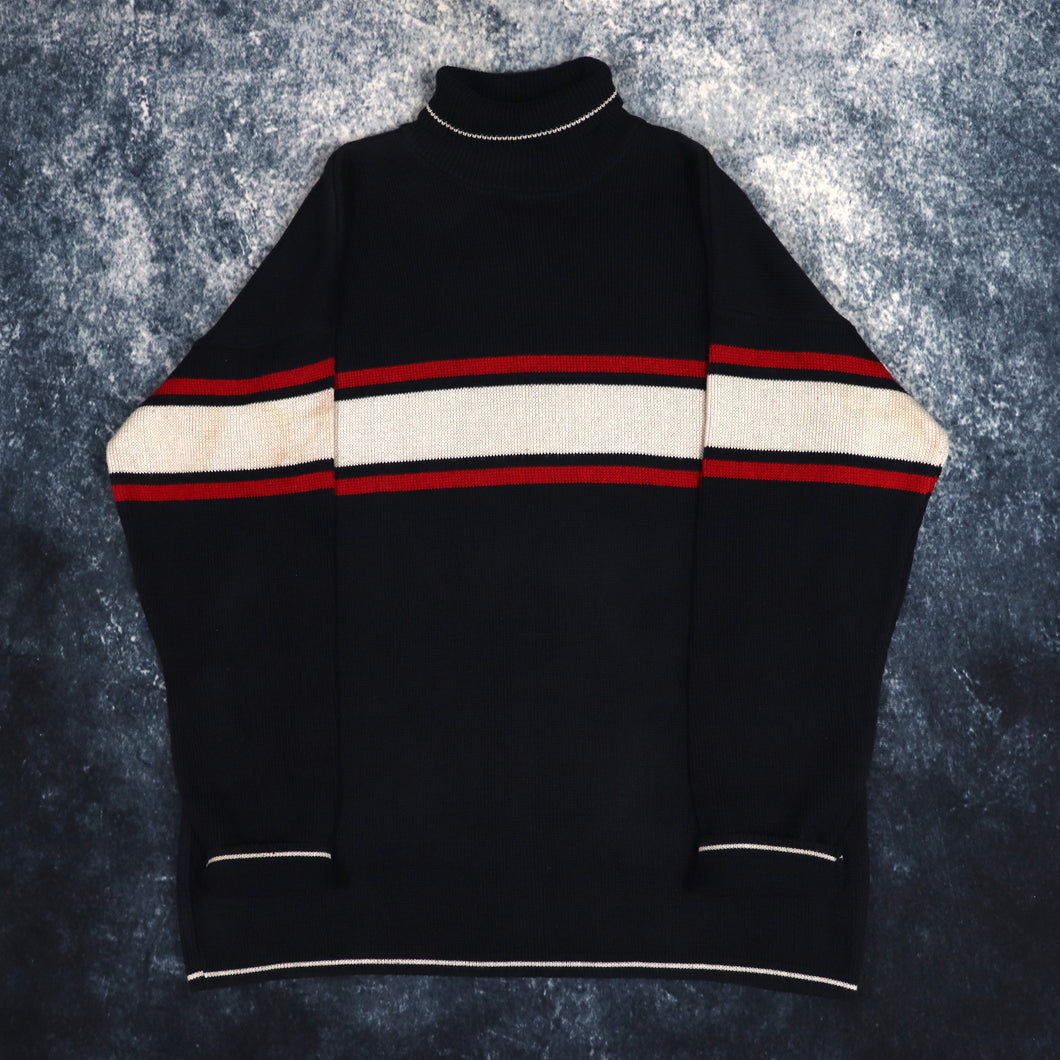 Vintage 90s Navy, Oatmeal & Red Striped Turtle Neck Jumper | Large