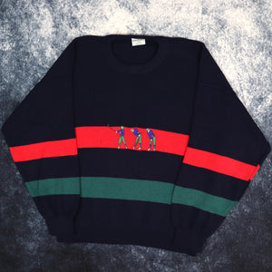 Vintage 90s Navy, Red & Green Striped Golf Jumper | Small