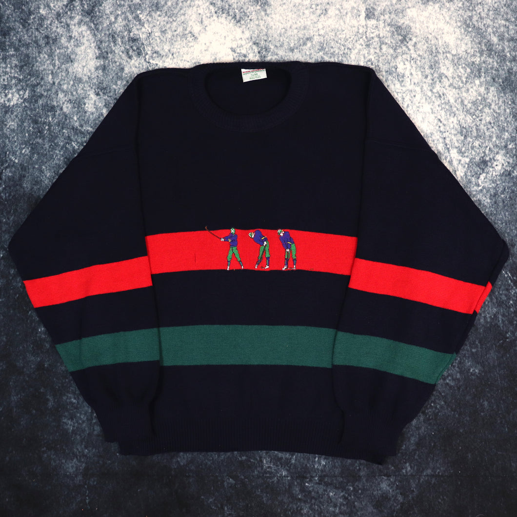 Vintage 90s Navy, Red & Green Striped Golf Jumper | Small