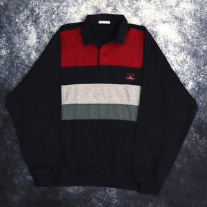 Vintage Navy, Red, Grey & Teal Colour Block Collared Sweatshirt | XL