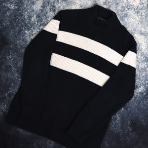 Vintage Navy & White French Connection Ribbed High Neck Jumper | Medium