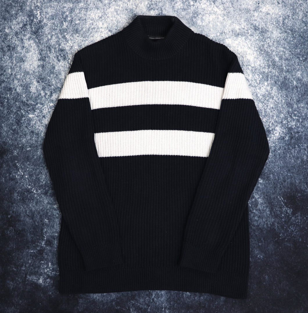 Vintage Navy & White French Connection Ribbed High Neck Jumper | Medium