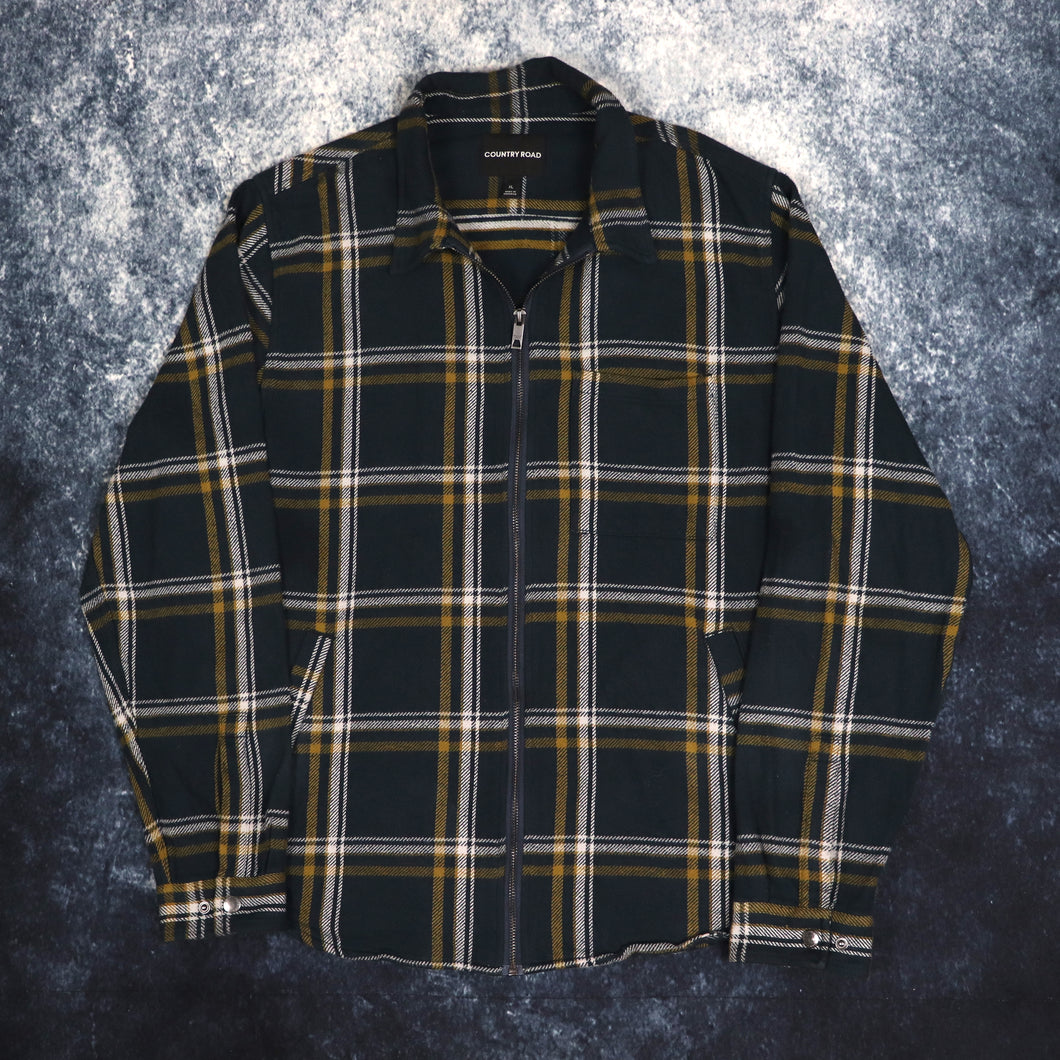 Vintage Style Navy, White & Gold Plaid Flannel Jacket | XL