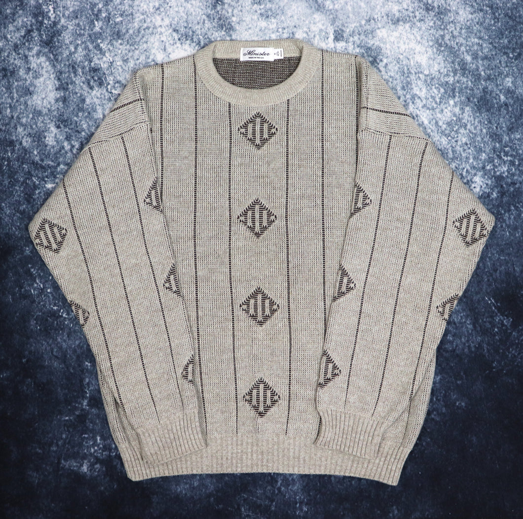 Vintage Oatmeal Diamond Grandad Jumper | Large