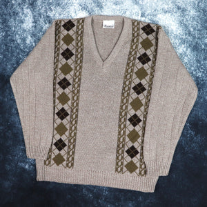 Vintage Oatmeal Diamond V Neck Grandad Jumper | Large
