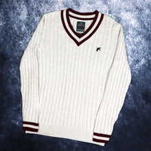 Load image into Gallery viewer, Vintage Oatmeal &amp; Burgundy Cable Knit Style V Neck Jumper | Medium

