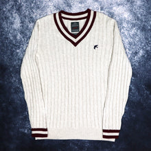 Load image into Gallery viewer, Vintage Oatmeal &amp; Burgundy Cable Knit Style V Neck Jumper | Medium
