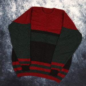 Vintage Red, Black & Green Colour Block Grandad Jumper | Large