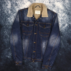 Vintage Style Blue Sherpa Lined Distressed Denim Jacket | XS