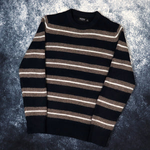 Vintage Style Navy, Brown & Grey Stripy Jumper | Small