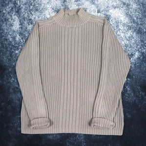 Vintage Style Oatmeal Ribbed High Neck Heavyweight Jumper | Medium