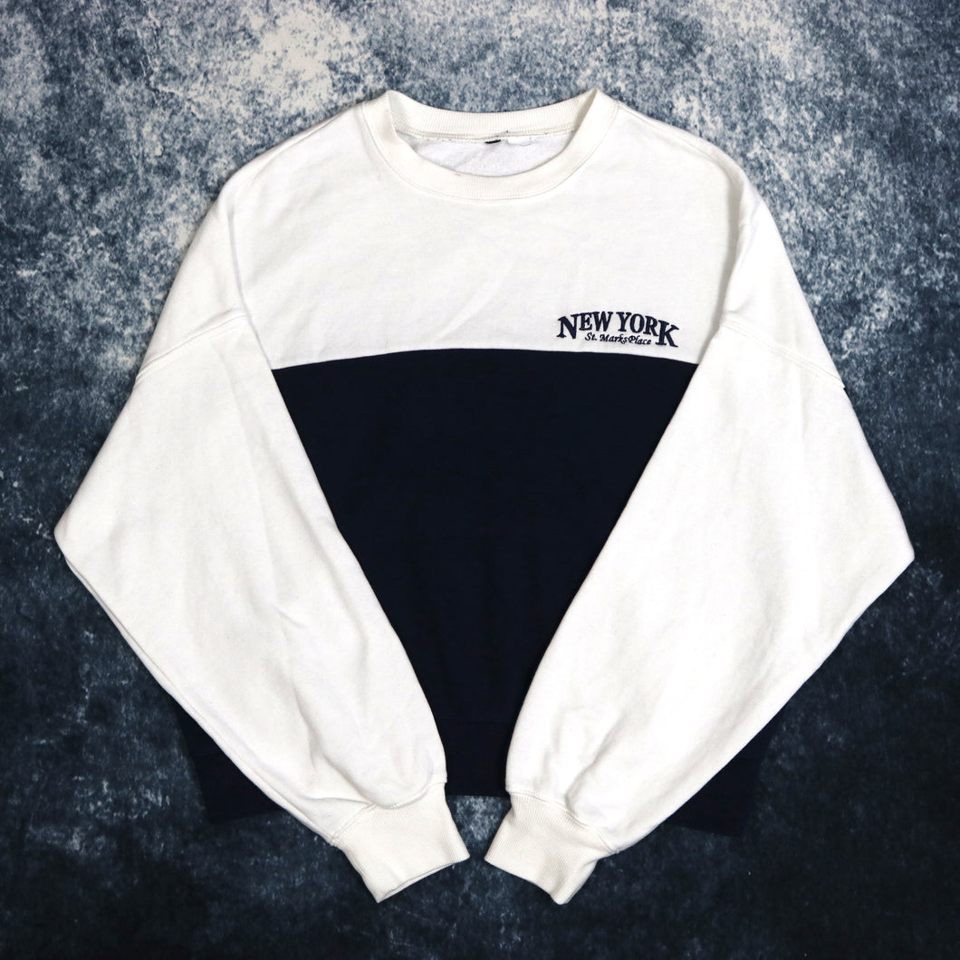 Vintage 90's White & Navy New York Colour Block Sweatshirt | Size 6